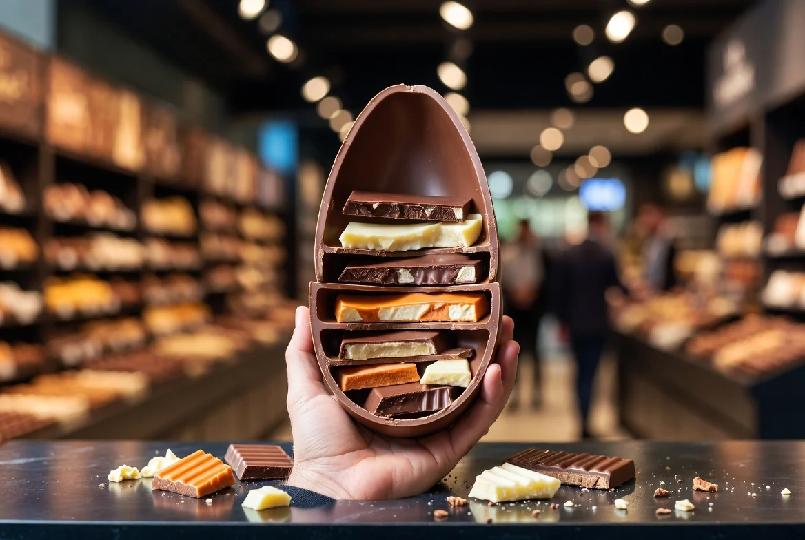 Uma mão estendendo um ovo de Páscoa de chocolate fatiado e colorido, com um fundo desfocado de uma loja de chocolates movimentada, simbolizando inovação rápida e sucesso.