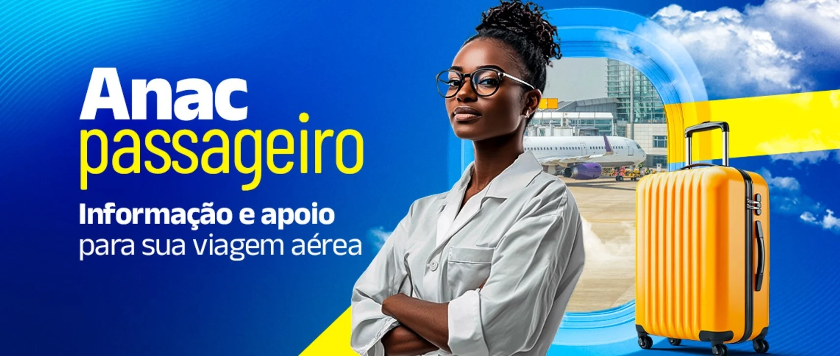 Interface digital moderna em tons de azul e branco, exibindo o logotipo da ANAC e o nome 'ANAC Passageiro'. Elementos gráficos de avião e nuvens indicam o tema de viagem e suporte ao consumidor.
