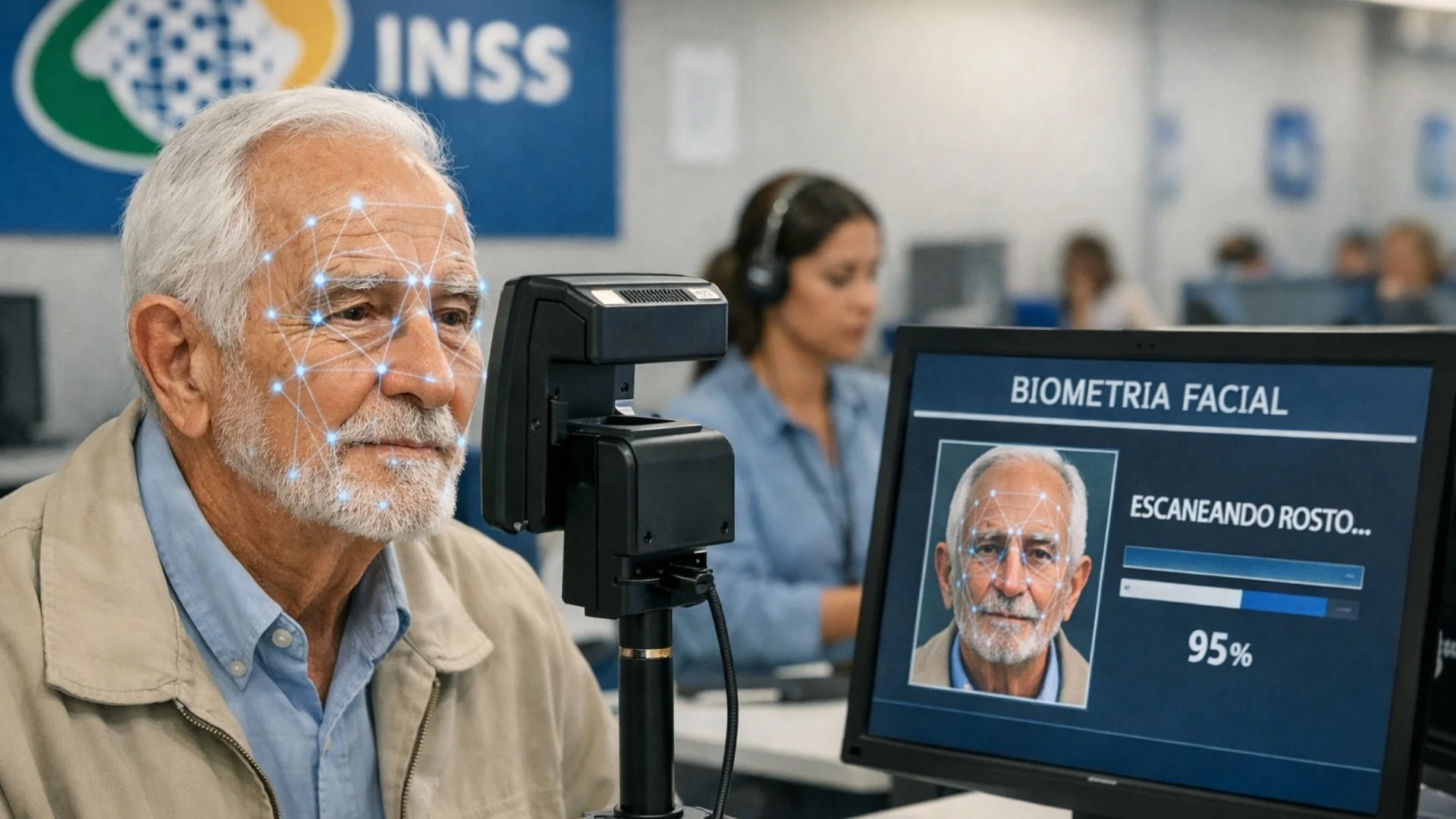Mãos de uma pessoa idosa e uma jovem digitalizando impressões digitais em um leitor biométrico, com ícones de Bolsa Família e INSS flutuando digitalmente ao fundo, simbolizando segurança e acesso a benefícios.