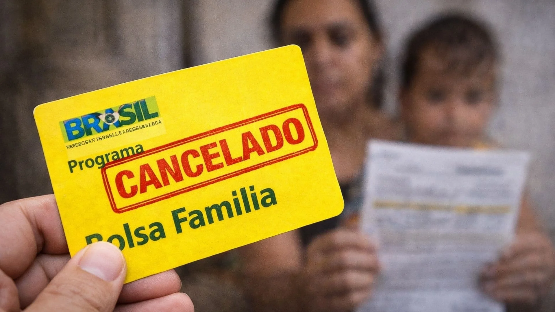 Uma família brasileira (mãe, pai e duas crianças) sorri enquanto usa o aplicativo Bolsa Família em um smartphone, com notas de dinheiro e um cartão de crédito virtual ao fundo, simbolizando segurança financeira e acesso a benefícios sociais.