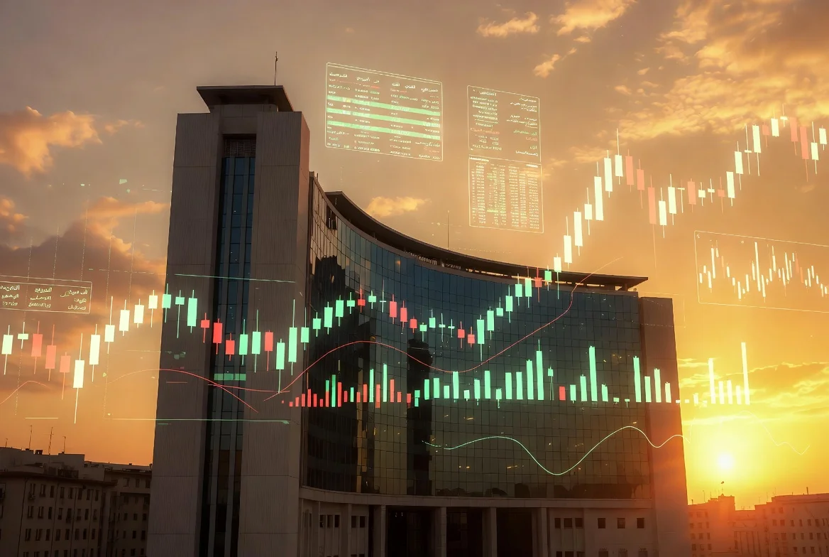 Visão aérea da moderna bolsa de valores de Casablanca com gráficos financeiros digitais sobrepostos em tons de dourado e azul, estilo cinematográfico.
