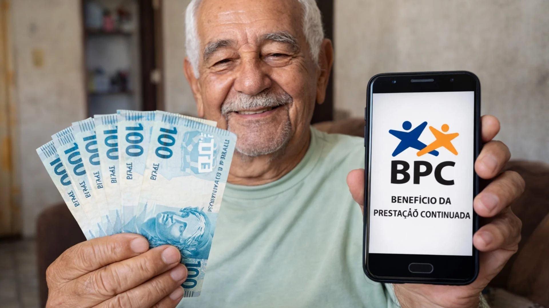 Uma pessoa idosa sorrindo enquanto consulta documentos e um tablet com o logo do INSS, simbolizando a transição segura do BPC para aposentadoria e ganhos financeiros.