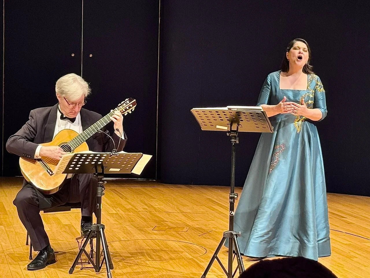 Mãos de um músico brasileiro tocando violão e mãos de um músico chinês tocando guzheng se encontram artisticamente, simbolizando o intercâmbio cultural e a sinergia econômica entre Brasil e China. Fundo desfocado com elementos de bandeiras.
