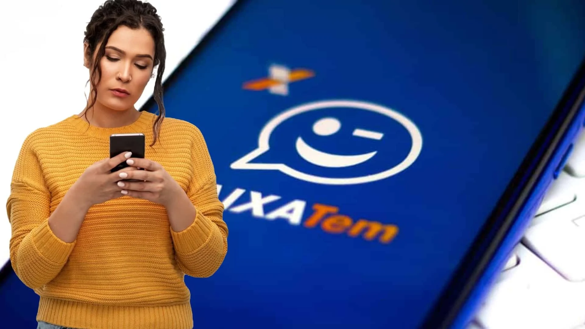 Pessoa de baixa renda preocupada olhando para o celular com o logo do Caixa Tem, cercado por ícones de dinheiro e cadeado. Representa a ameaça de golpe e perda financeira para beneficiários.