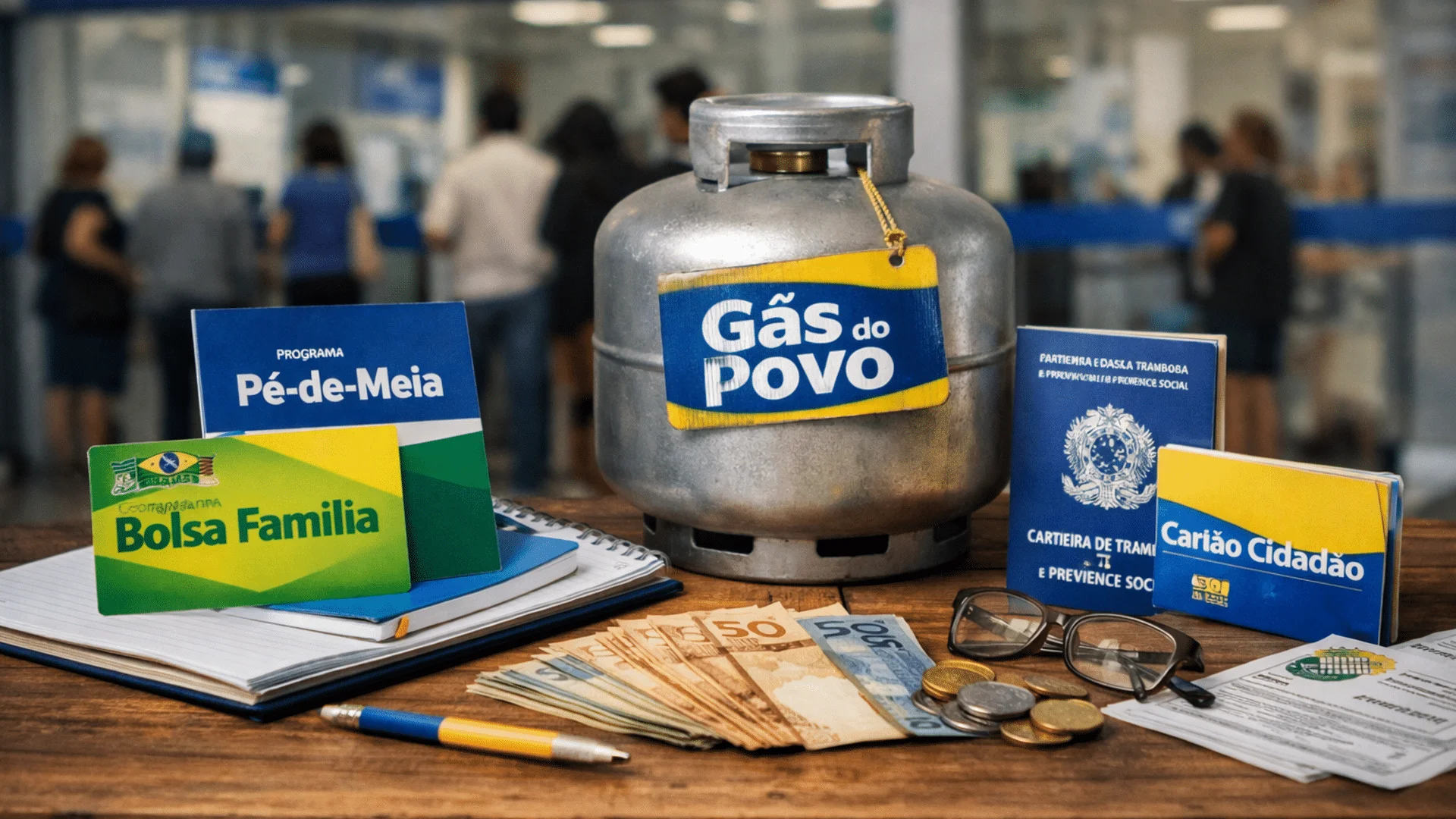 Mãos de uma família, incluindo um adulto e uma criança, segurando moedas e um smartphone com o aplicativo Caixa Tem ou similar, simbolizando o acesso a benefícios sociais. Ao fundo, um calendário destacando o mês de abril de 2026.
