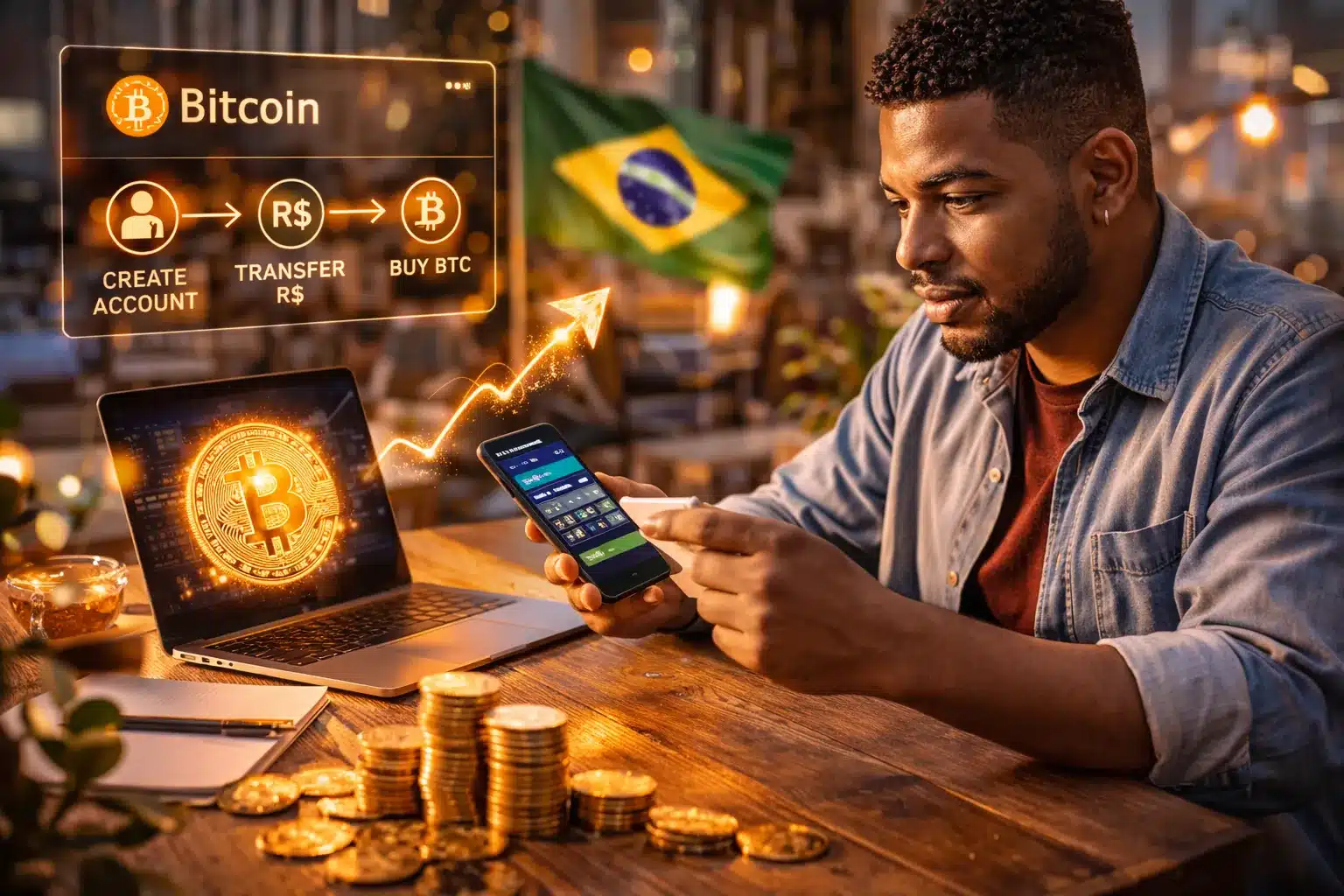 Close-up de um smartphone exibindo um gráfico de valorização do Bitcoin e uma moeda física dourada de Bitcoin sobre uma mesa de escritório moderna.