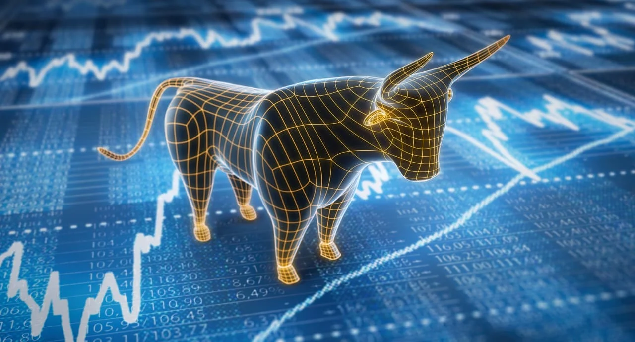 Gráfico de ações em alta (bull market) sendo ameaçado por uma mão com símbolo de taxa de juros do Fed, com um mapa estilizado do Irã e petróleo ao fundo.