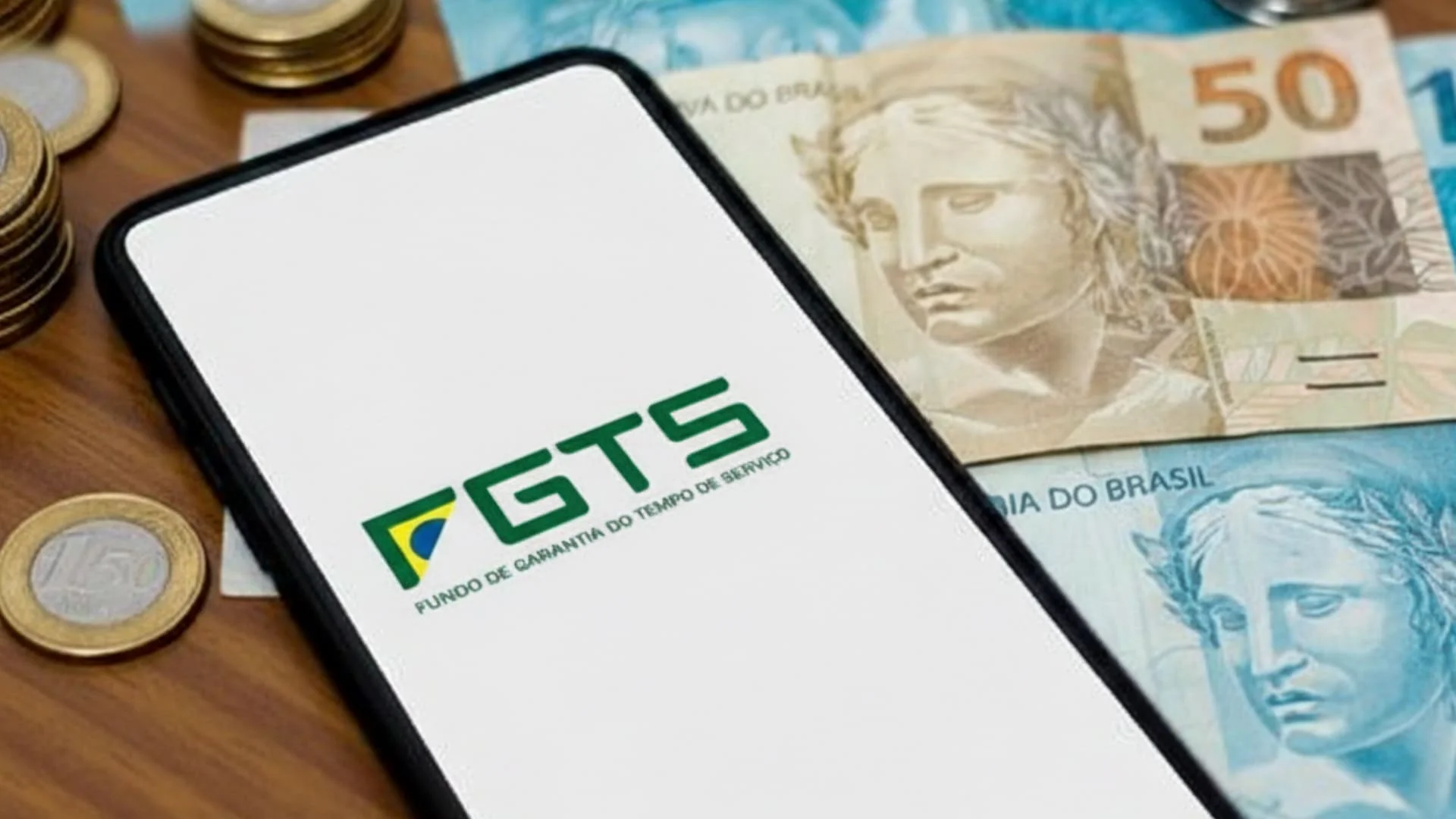 Close-up de mãos segurando um smartphone com aplicativo financeiro aberto, exibindo gráficos de barras verdes e um ícone de escudo protetor sobre moedas douradas.