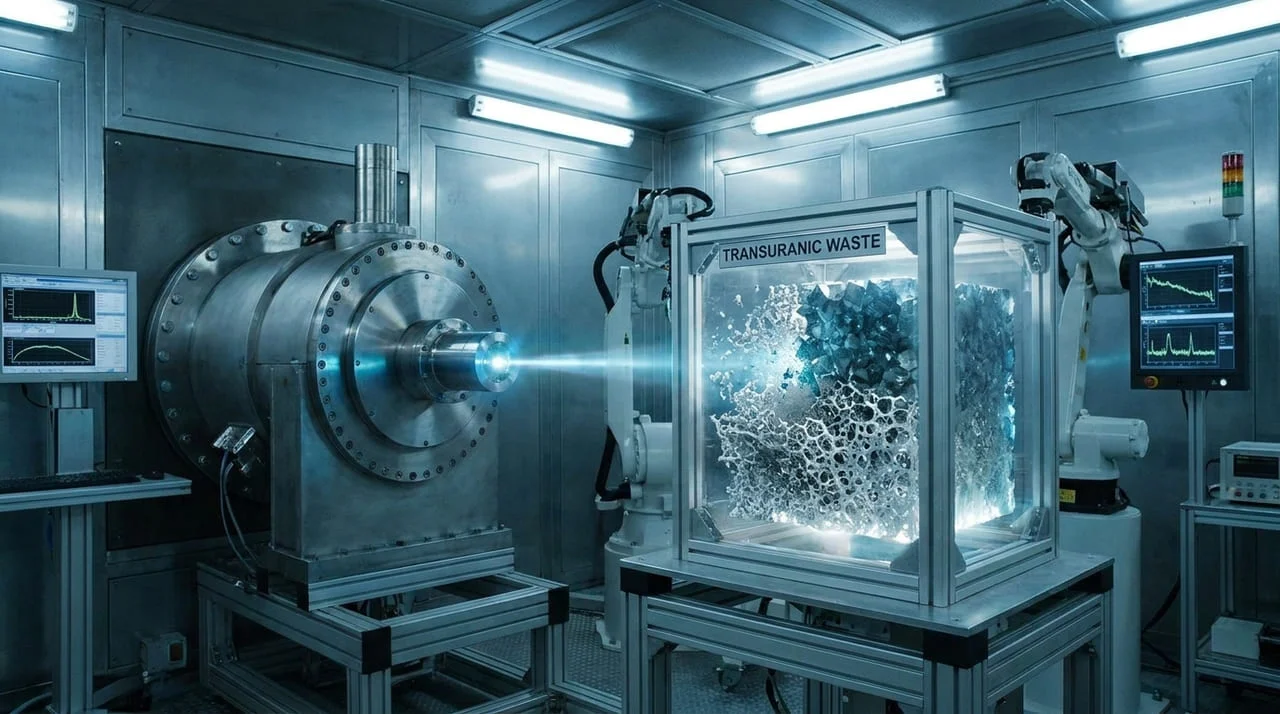Um acelerador de partículas futurista em um ambiente de laboratório de alta tecnologia, com feixes de luz representando energia e transmutação de elementos, simbolizando a inovação na gestão de resíduos nucleares.