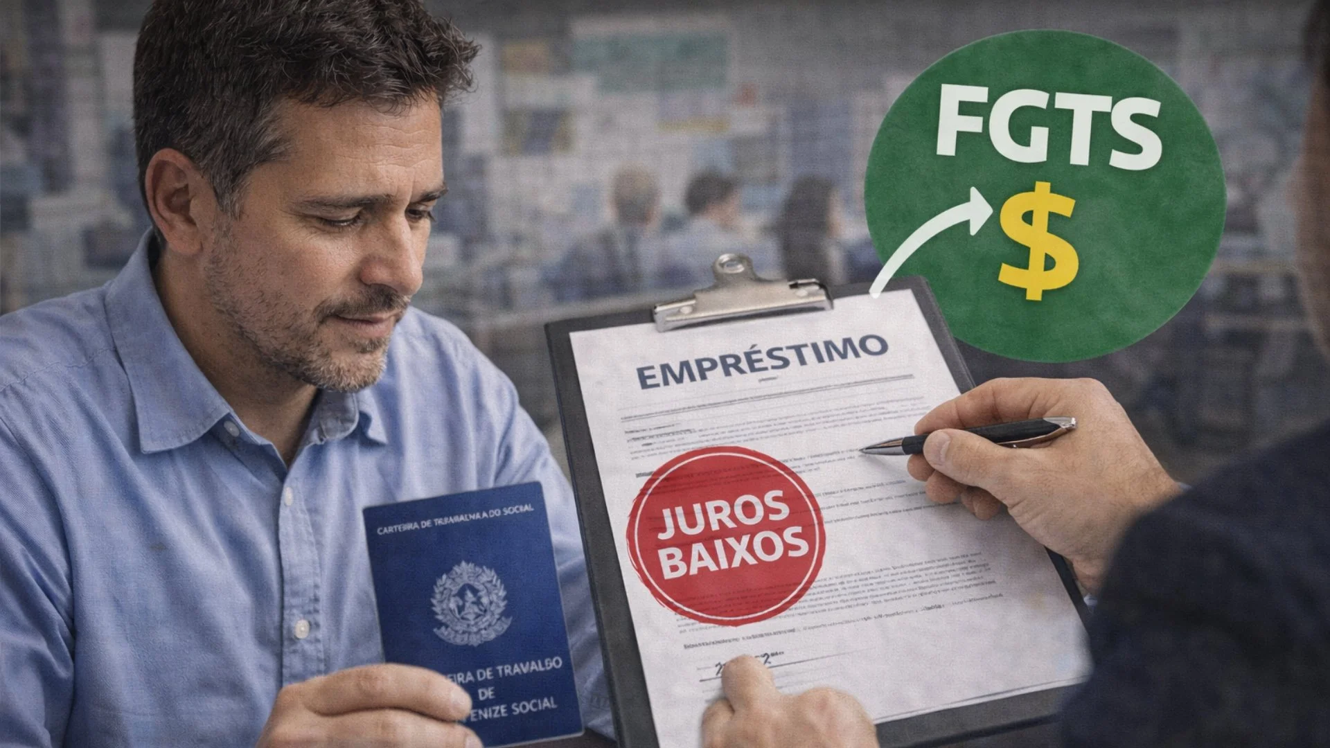 Mãos de um trabalhador segurando um smartphone, com gráficos financeiros e símbolos de dinheiro em segundo plano, representando o acesso facilitado a crédito consignado com garantia do FGTS para CLTs. Foco em juros baixos e oportunidades financeiras.