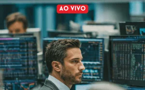 Gráfico financeiro de velas em tons de azul e vermelho mostrando a volatilidade do Ibovespa, com setas indicando altas e baixas de ações como Petrobras e Vale, em um monitor de computador, com um mapa-múndi desfocado ao fundo, representando o impacto geop