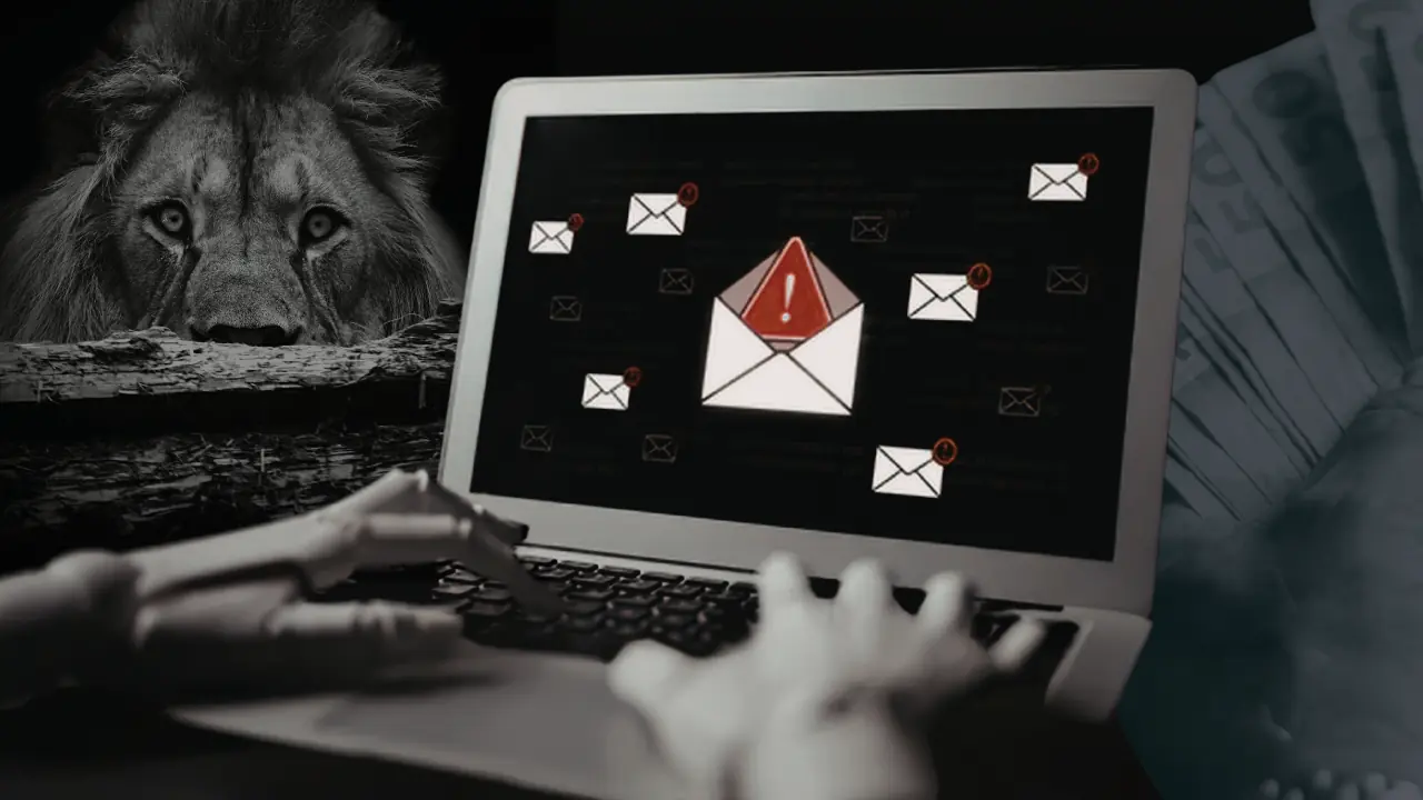 Uma pessoa preocupada olhando para um laptop, com ícones de dinheiro, cadeado e símbolos de alerta de fraude digital flutuando ao redor, representando a ameaça de golpes financeiros online.
