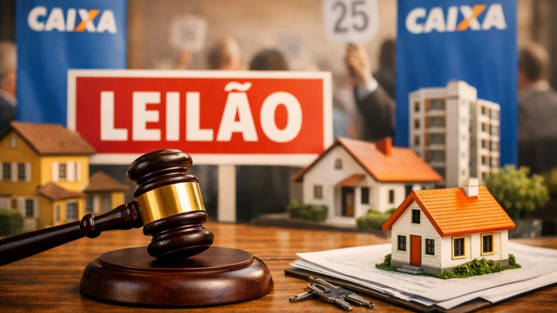 Vista aérea de um complexo residencial moderno com casas e prédios, destacando placas de 'Vende-se' e 'Leilão' em algumas propriedades, sob um céu claro e ensolarado. Representa oportunidades de investimento imobiliário.