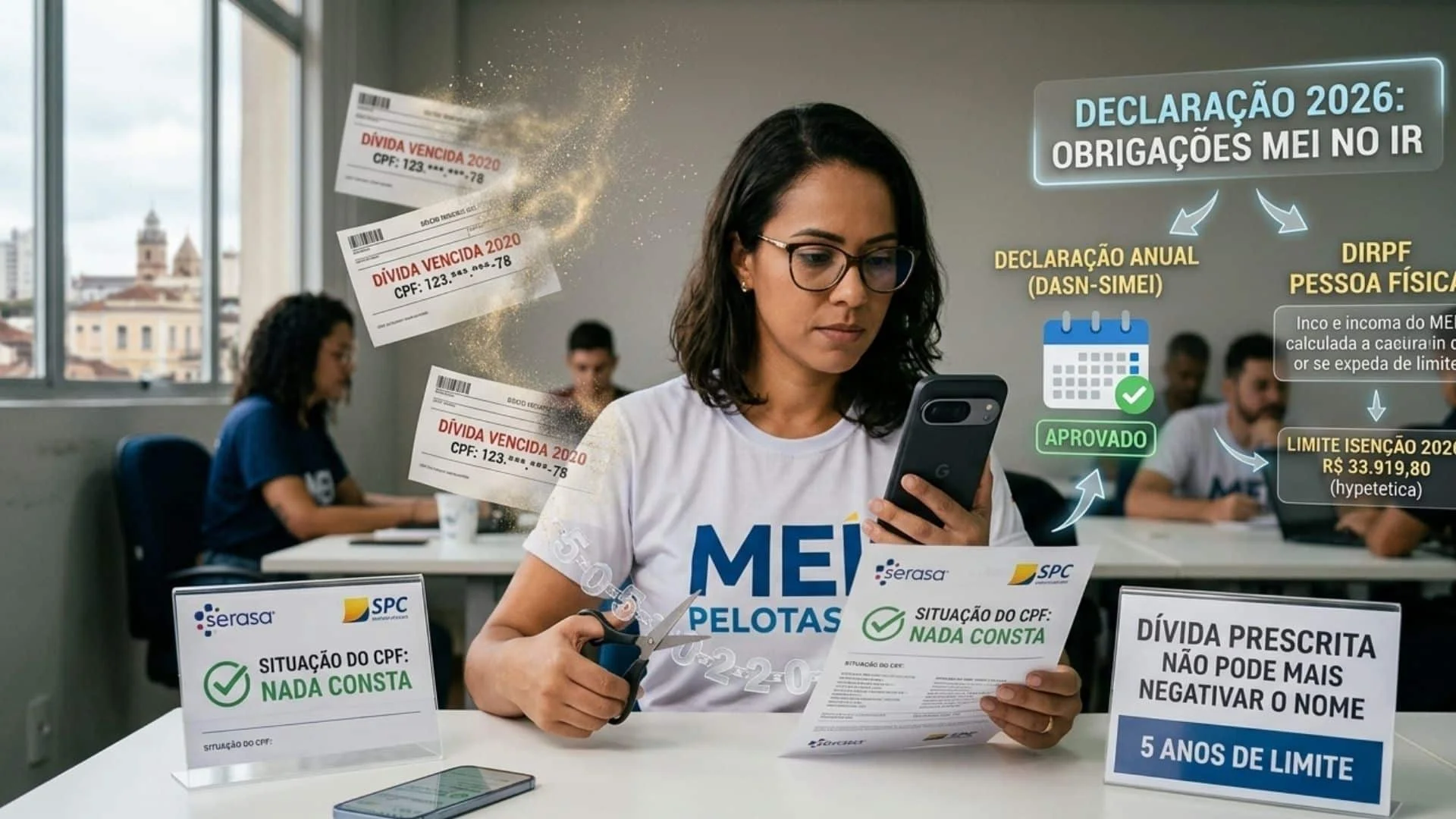 Uma pessoa, provavelmente um microempreendedor individual (MEI), em frente a um computador, analisando documentos fiscais e gráficos digitais, com uma calculadora e caneta sobre a mesa. O ambiente é moderno e organizado, transmitindo a ideia de gestão fin