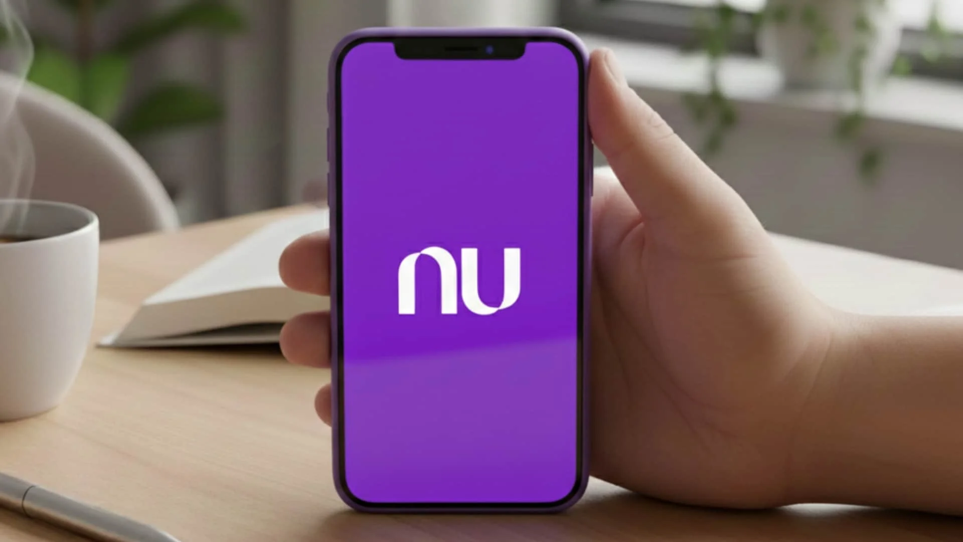 Uma mão segura um smartphone com o aplicativo Nubank aberto, aproximando-o de uma máquina de cartão para realizar um pagamento sem contato, com foco na tecnologia NFC.