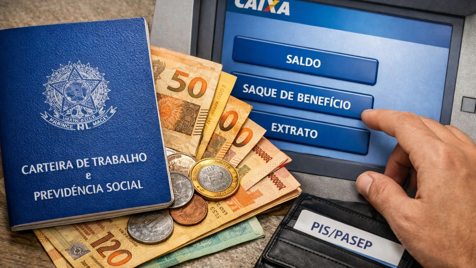 Uma mão segura uma pilha de moedas de real, com notas de dinheiro (reais brasileiros) espalhadas sobre uma mesa. Ao fundo, um calendário digital com a data 2026 visível, simbolizando planejamento financeiro e o benefício do PIS/Pasep. A cena tem iluminaçã