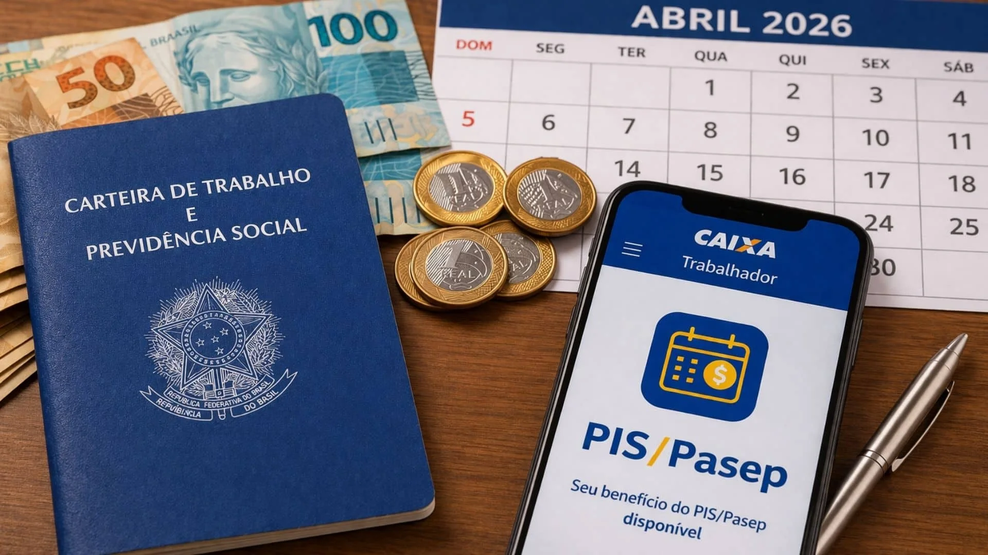 Mãos de um trabalhador brasileiro segurando moedas e uma carteira de trabalho, com um calendário digital ao fundo mostrando o mês de abril e o símbolo do PIS/Pasep.