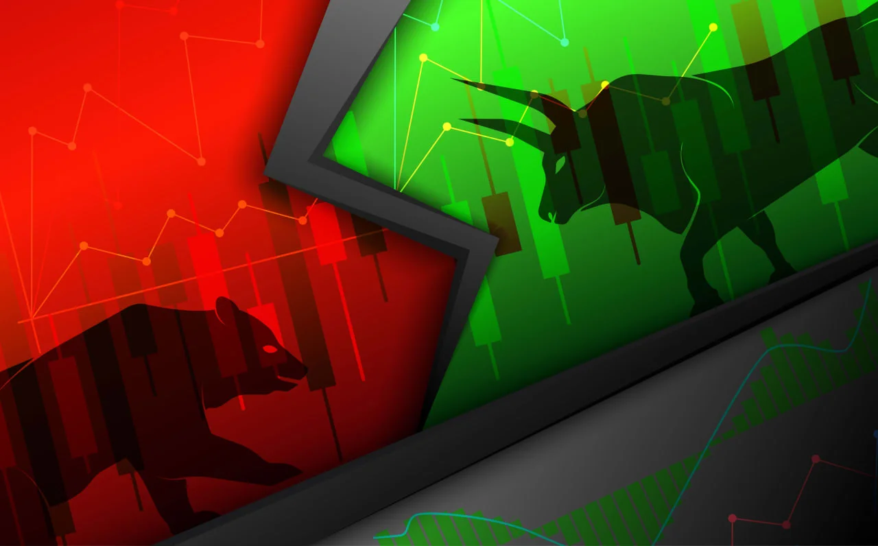 Gráfico financeiro em tons de azul e vermelho mostrando uma forte queda de ações em um mercado digital, com setas indicando volatilidade e recuperação. O ambiente é futurista e tecnológico, com elementos de inteligência artificial em segundo plano.