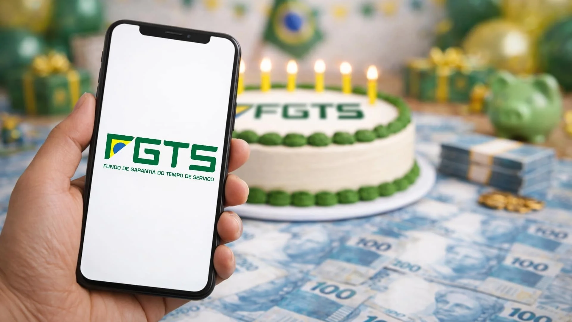 Uma mão segurando um smartphone que exibe o logotipo do FGTS em destaque, com moedas douradas de Real desfocadas ao fundo, simbolizando a liberação de recursos.